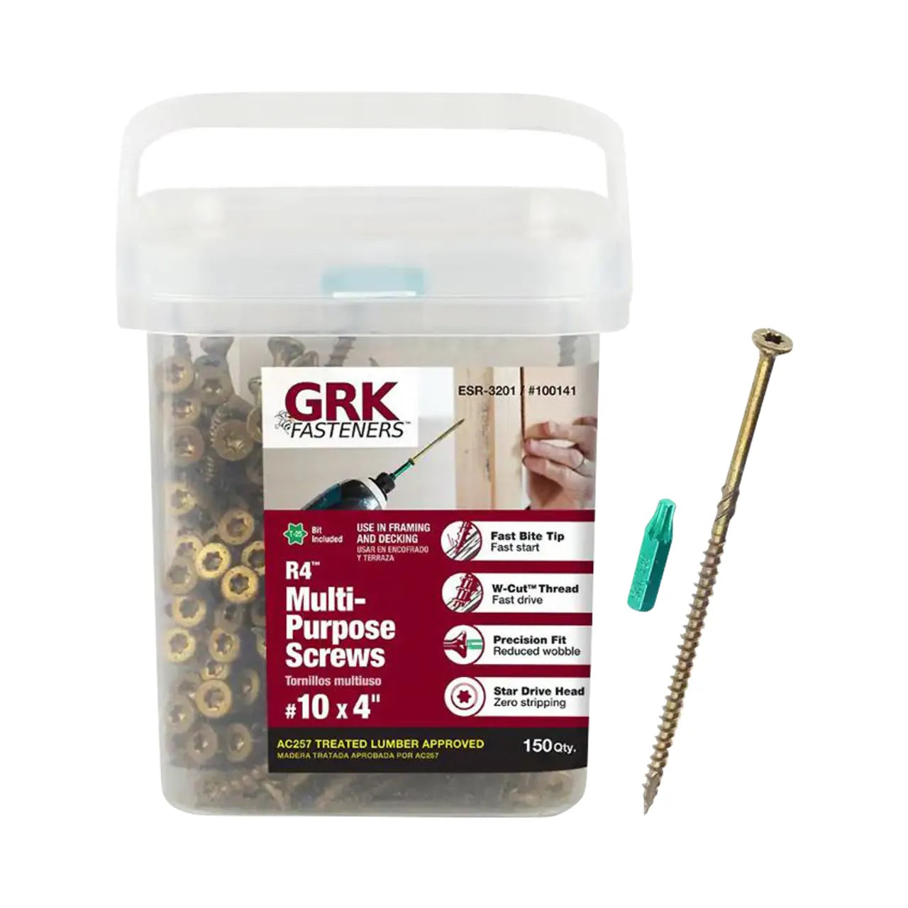 A plastic container of Go Build #10 x 4 in. Star Drive Bugle Head R4 Multi-Purpose Wood Screws, with a clear lid, green star drive bit, and a gold screw beside the box. The label shows features and screw size. Brand: The Fastest Way To Build.